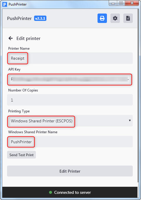 PushPrinter Windows Settings