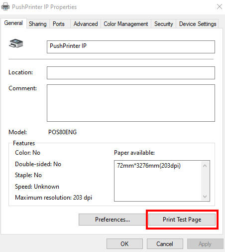 PushPrinter Print Test Page
